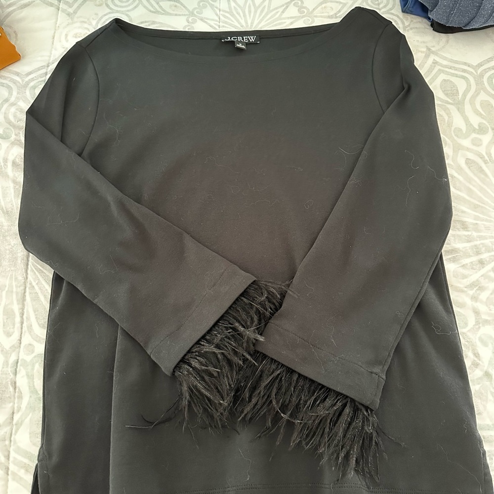 J. Crew boatneck blouse with ostrich trim